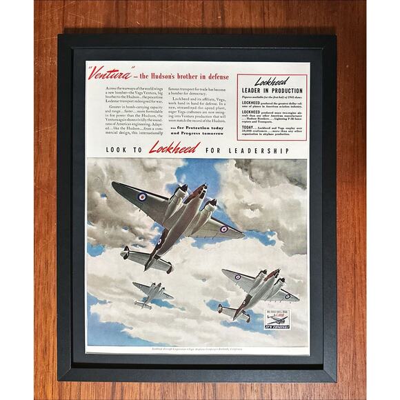 Framed 1941 Vintage Lockheed Ventura Print Ad Wall Art - Picture 1 of 2